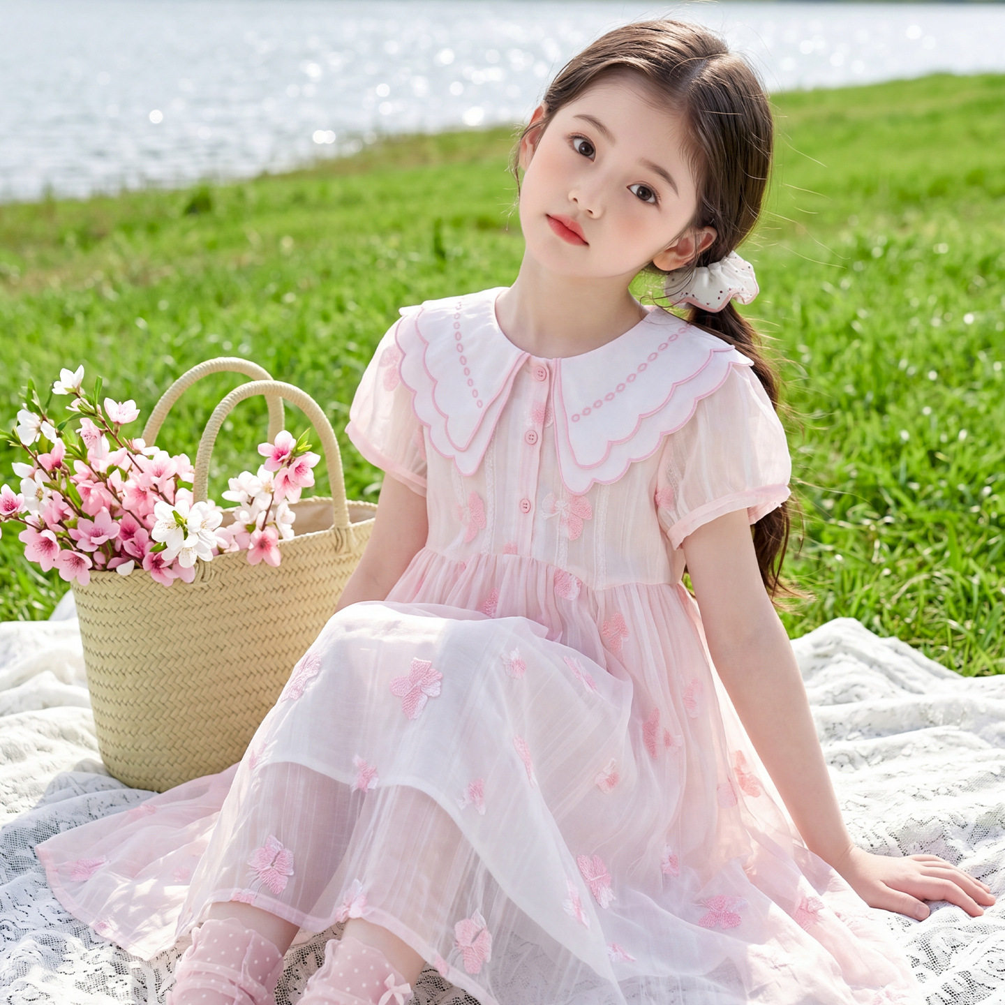 女童夏季甜美娃娃领短袖连衣裙2026新款中大儿童韩系洋气公主裙子