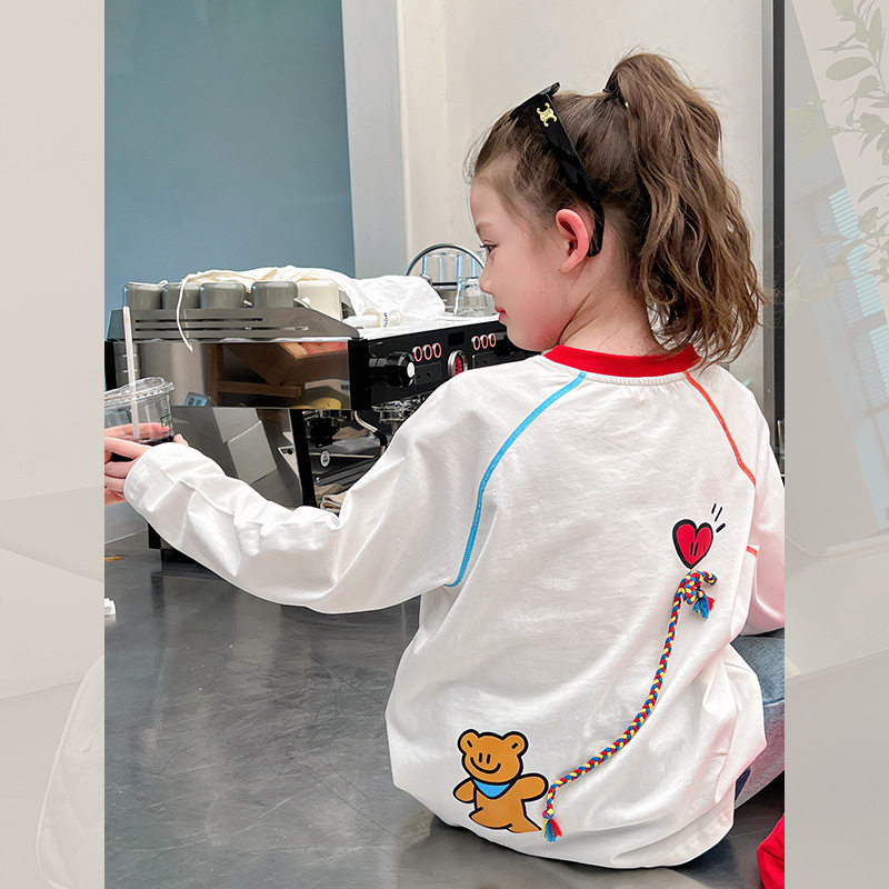 纯棉儿童网红撞色白t恤女童洋气打底衫大童装长袖2026春装新款