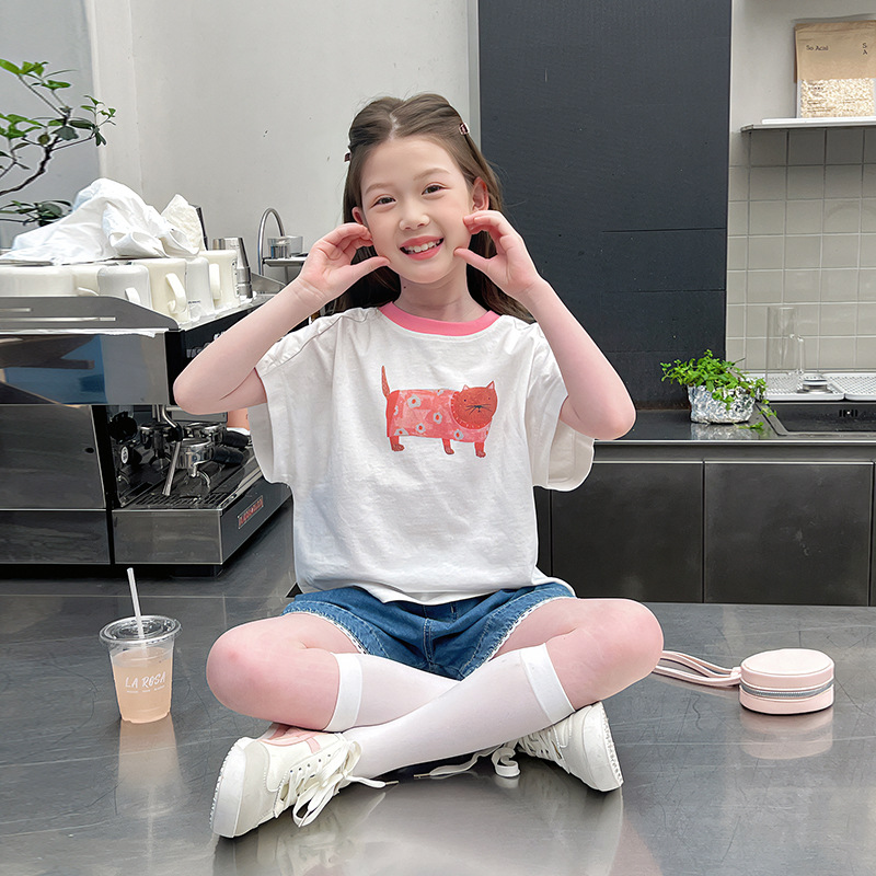 儿童洋气短袖女孩白t恤女童宽松韩版半袖上衣大童装2025夏装新款