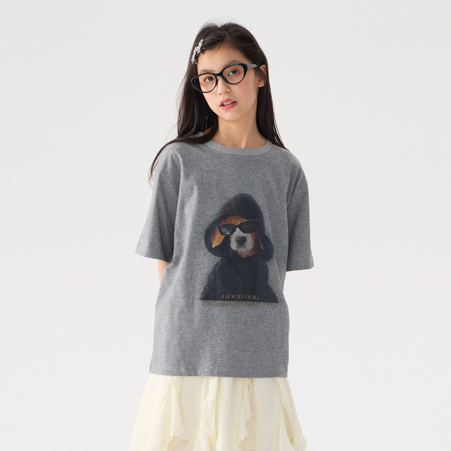 女童小狗印花短袖t恤2026春夏新款儿童韩版圆领宽松百搭洋气上衣