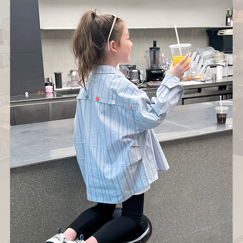 女童宽松条纹衬衫儿童洋气长袖衬衣大童装小清新上衣2025春装新款