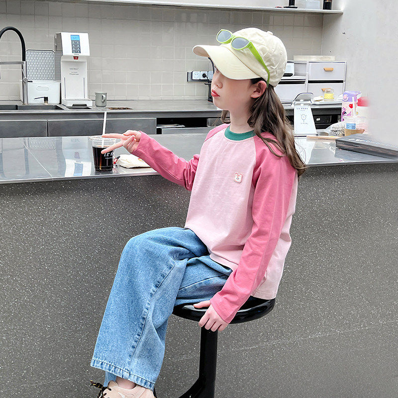 大童撞色长袖t恤女童洋气打底衫上衣儿童内搭女孩2026春秋装新款