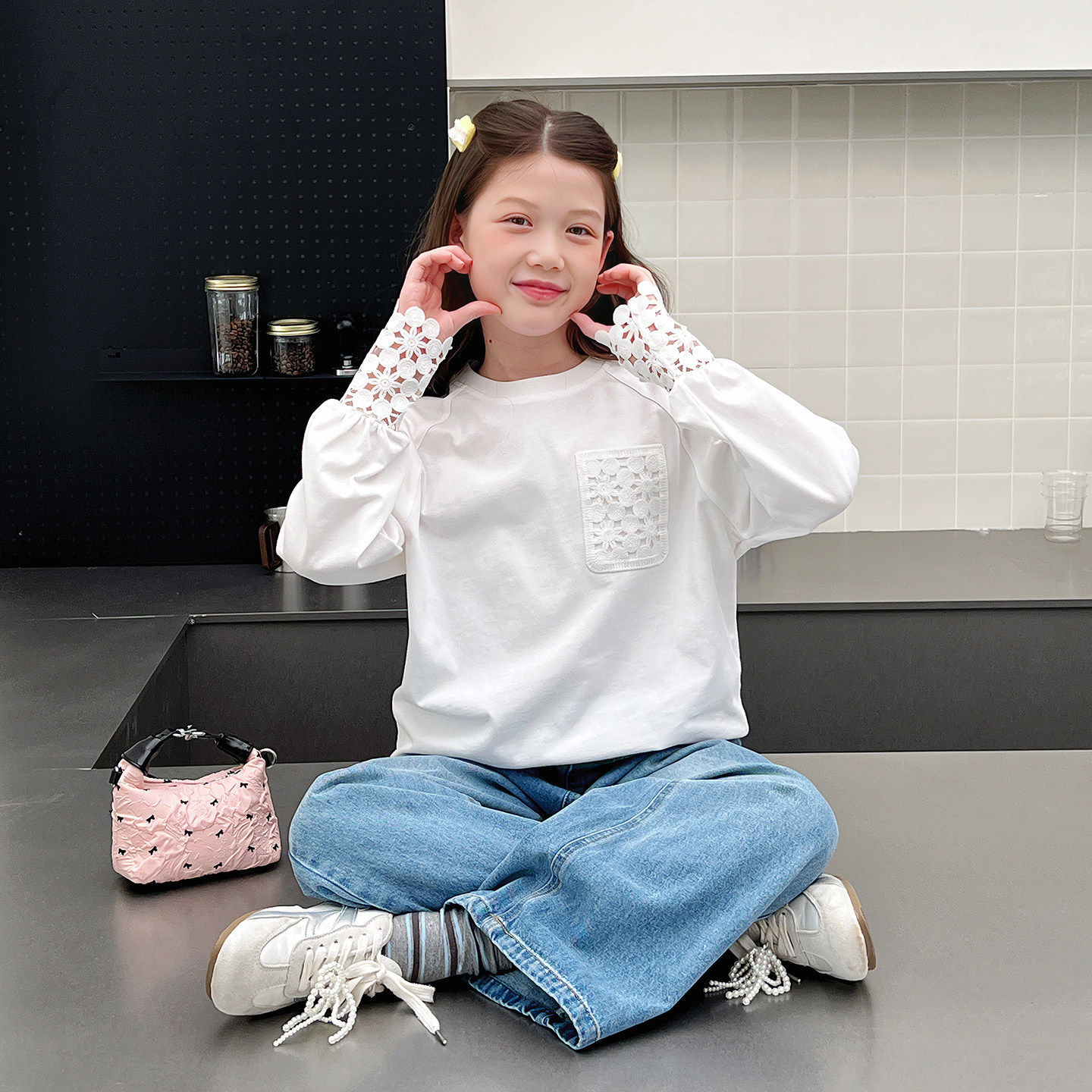 大童拼接花边长袖白t恤女童洋气打底衫儿童上衣2026春秋装新款