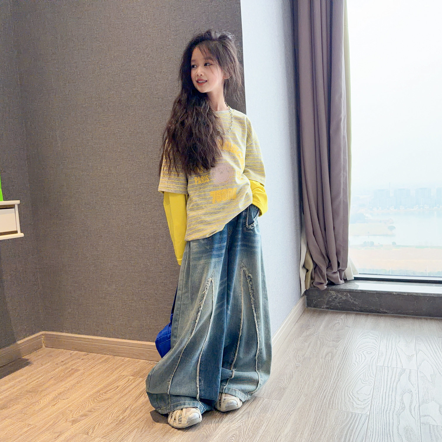 女童2026春装新款洋气女孩假两件宽松卫衣大童休闲牛仔阔腿裤套装