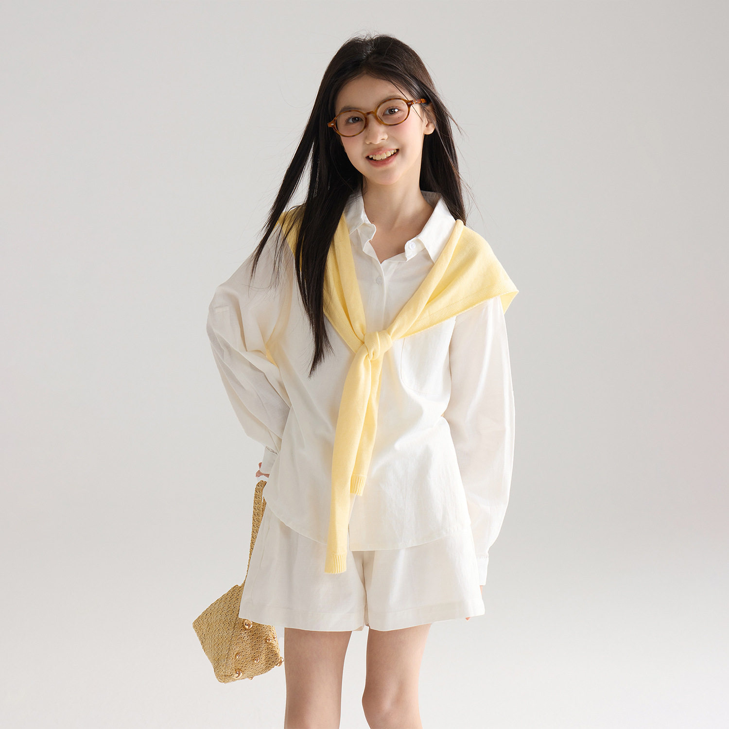 女童老钱风套装2026夏装新款儿童薄款仿亚麻衬衫休闲短裤两件套潮