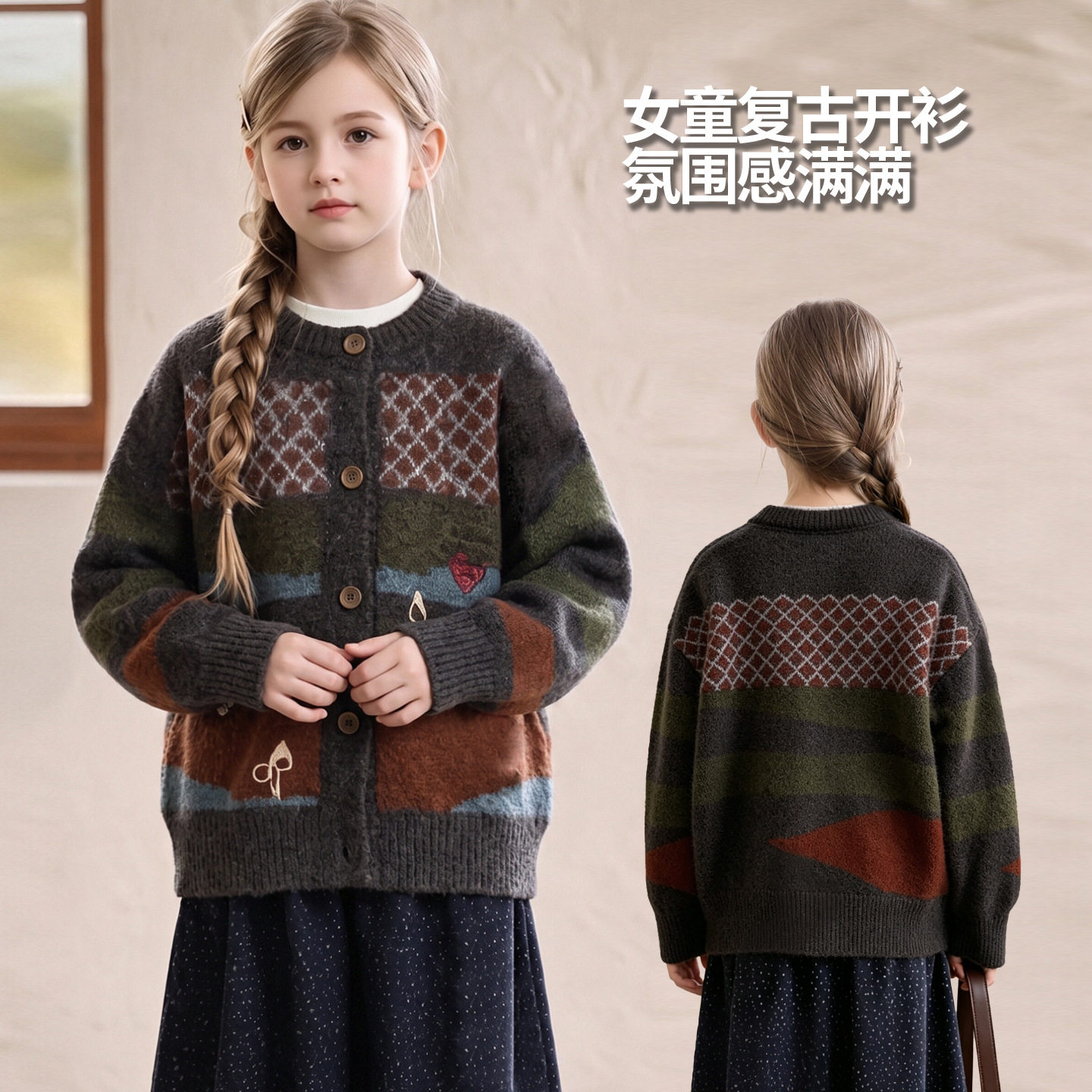 女童秋季复古拼接软糯毛衣开衫