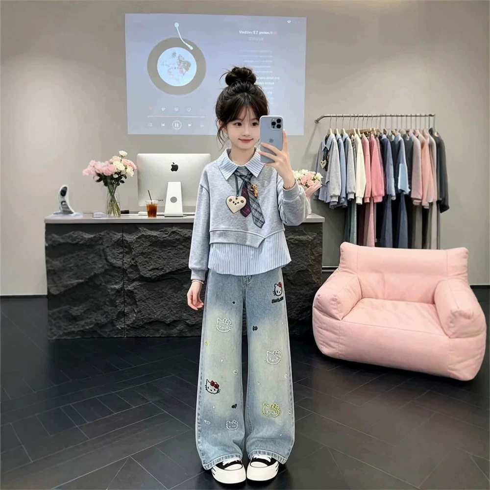 女童秋装套装洋气时髦2026新款女大童超好看假两件卫衣儿童牛仔裤