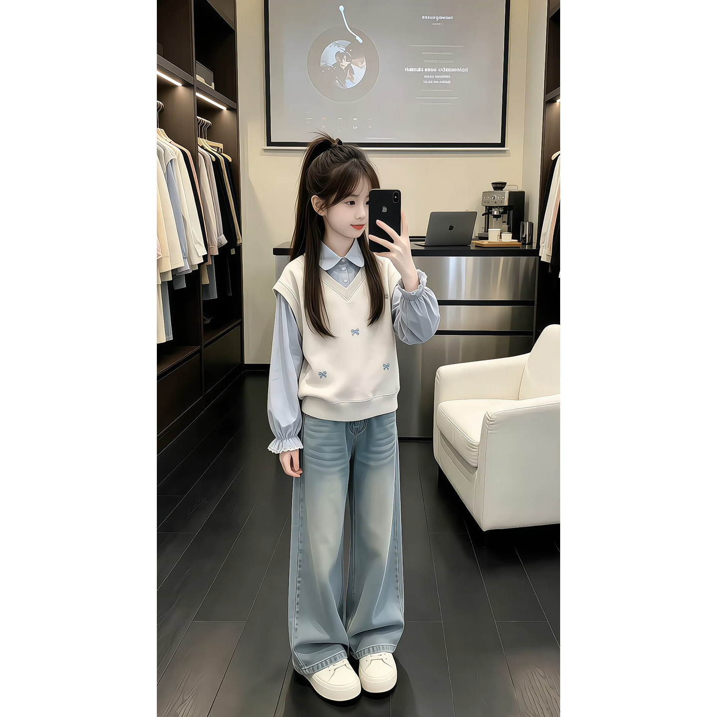 女童早秋新款假两件牛仔套装