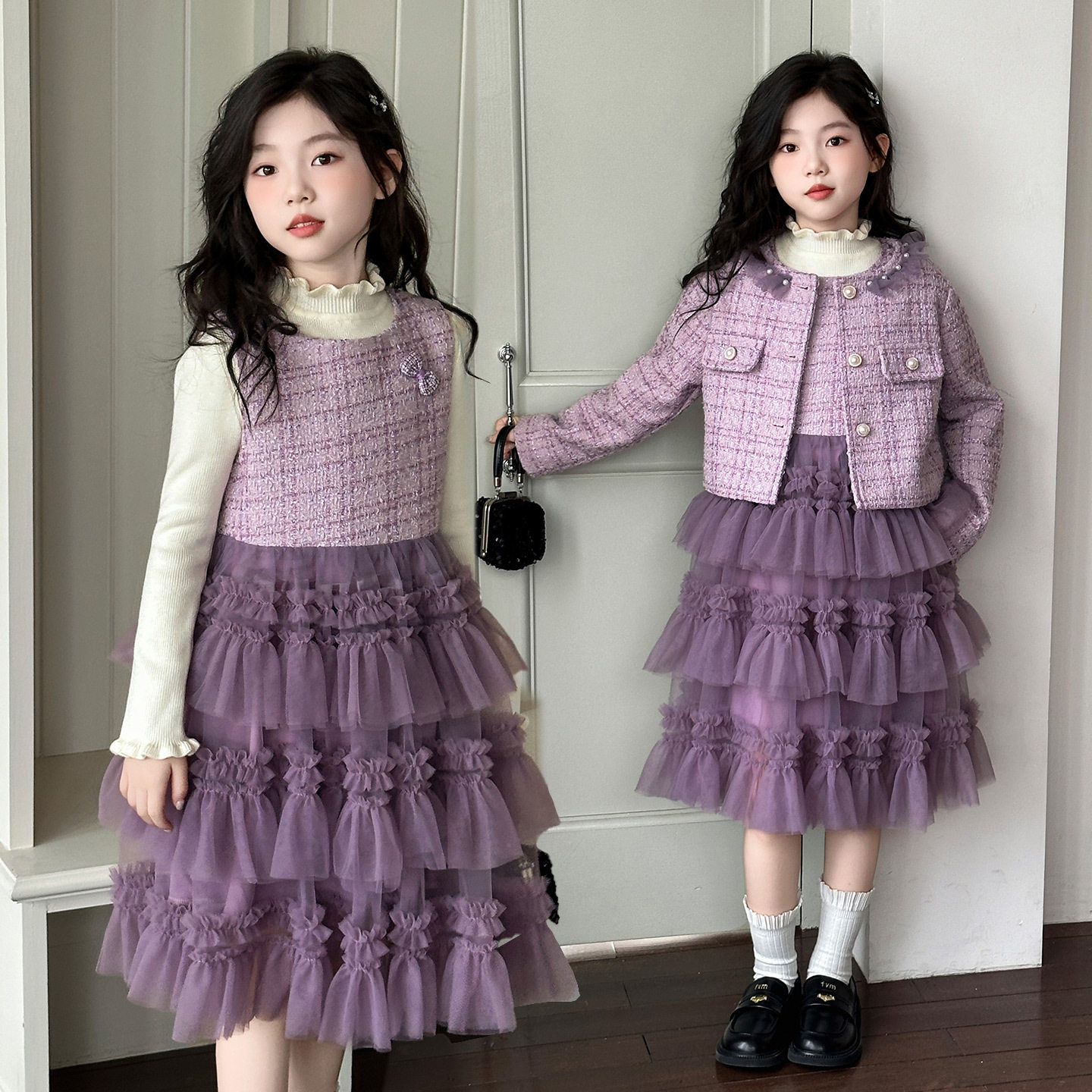 女大童小香风短款外套裙套装春秋季2026新款洋气网纱背心裙两件套