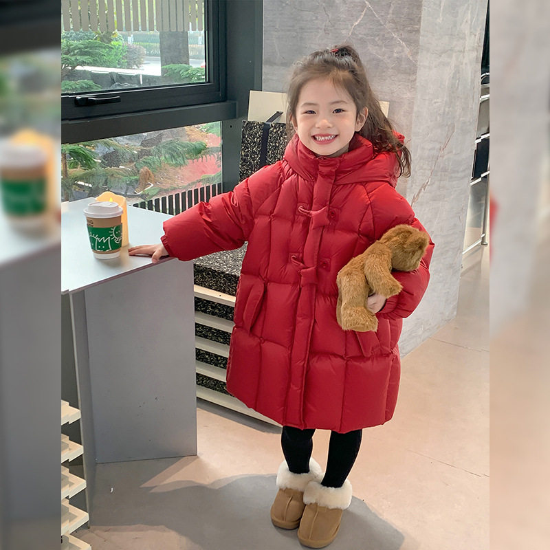 女童羽绒服冬季2025新款童装洋气外套宝宝保暖红色长款加厚棉服