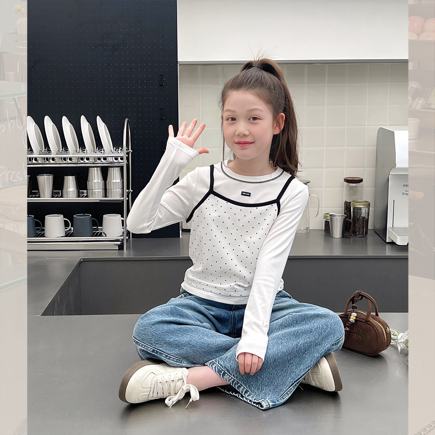 女童假两件圆点长袖T恤春秋