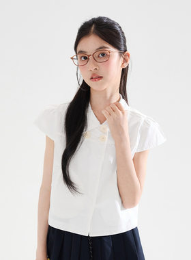 周大雨女童系扣娃娃领短袖衬衫2026夏装新款儿童泡泡袖t恤上衣