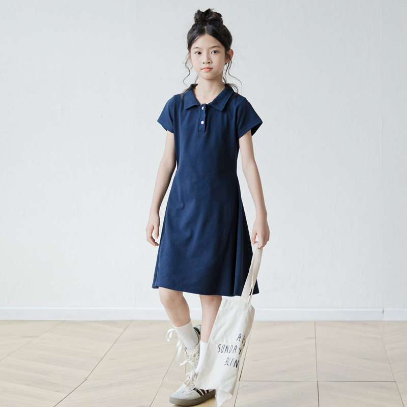 女童翻领Polo连衣裙夏季纯棉短袖网球裙简约收腰A字裙大童女装裙