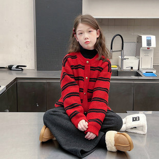 加厚女童洋气假开衫毛衣儿童宽松半高领针织衫大童2025冬装新款