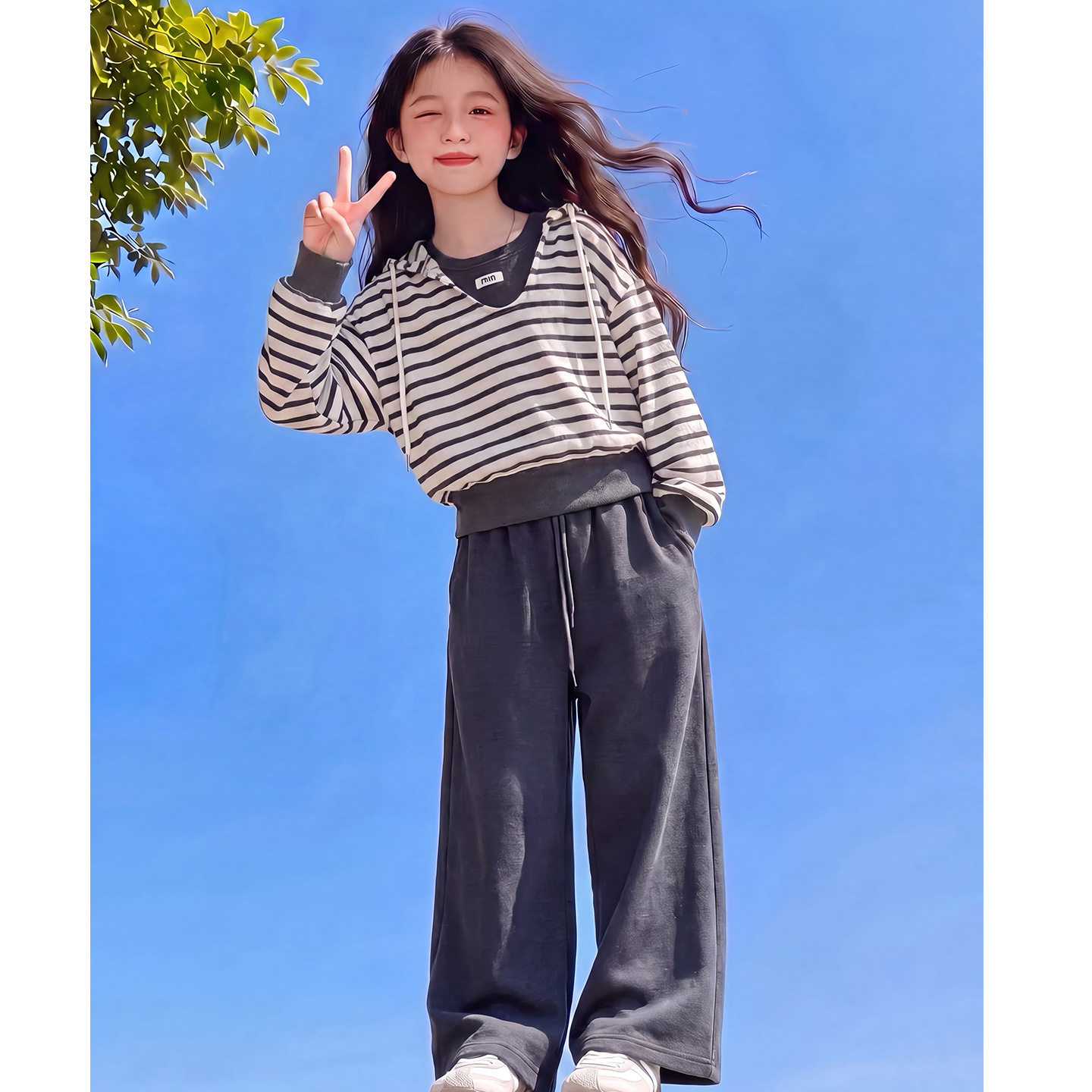 女童春秋慵懒条纹洋气卫衣两件套
