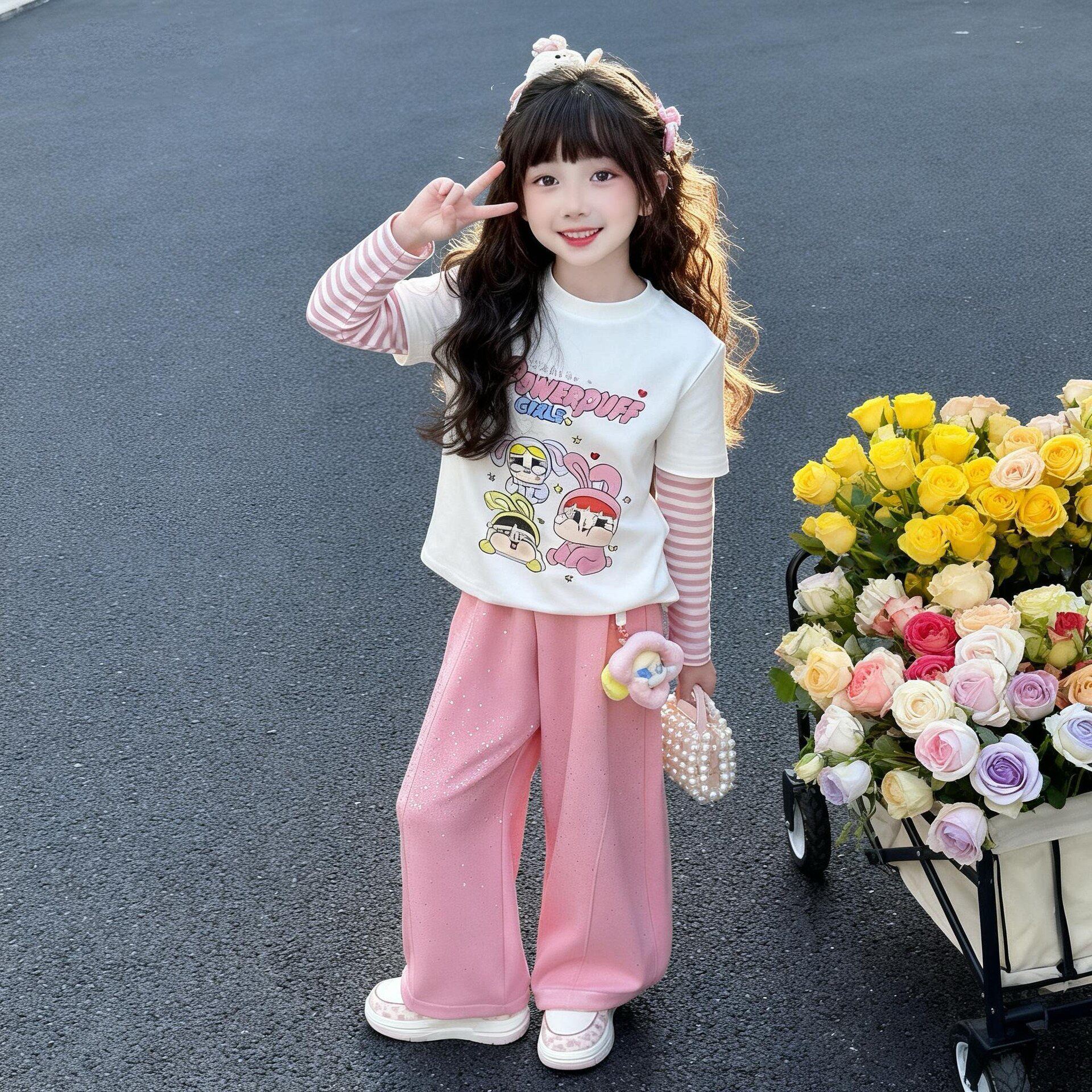 女童春秋款套装2026新款儿童假两件长袖T恤女宝粉色满天星烫钻裤