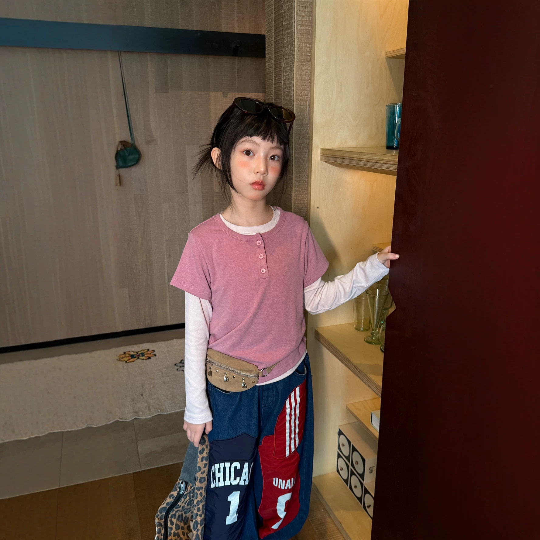 花与寻女童2026秋款韩版两件套T恤上衣儿童亨利领真两件叠穿长袖