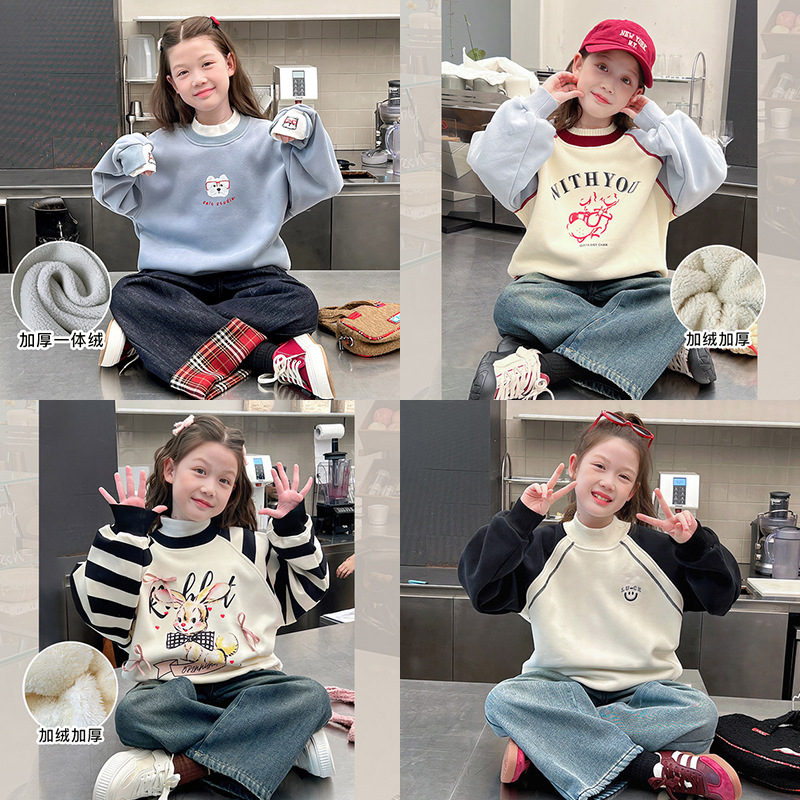 女童一体绒加厚连帽卫衣冬装