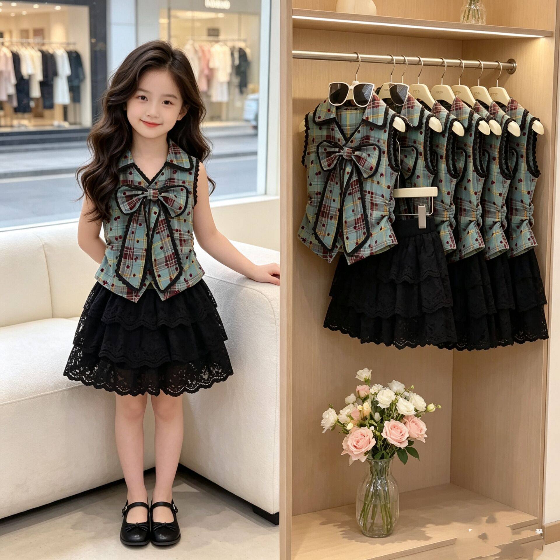 女童学院风套装夏季2026新款儿童蝴蝶结背心女孩蕾丝半身裙两件套