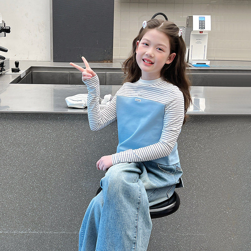 女童短装拼接t恤儿童洋气条纹打底衫大童内搭长袖2026春秋装新款