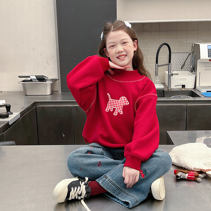 一体绒加厚女童新年装高领卫衣儿童洋气上衣大童衣服2025冬装新款