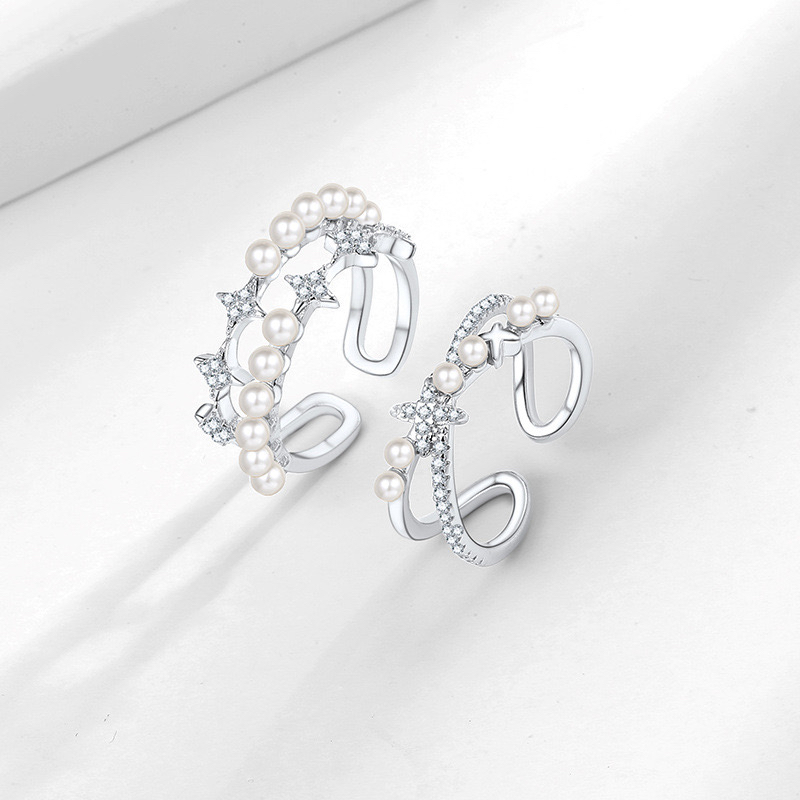 双层星星珍珠戒指女夏季2025新款时尚个性指环开口可调节食指戒子