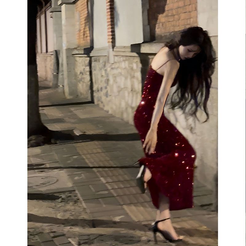 长裙红色无袖吊带亮片连衣裙子女