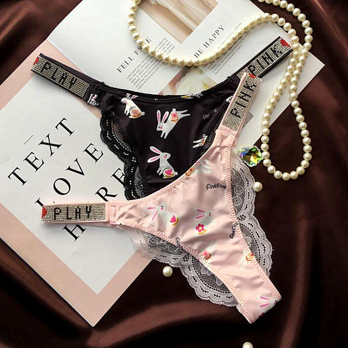 欧美风低腰卡通钻饰丁字内裤女t裤细带蕾丝短裤涤纶丝滑透明性感