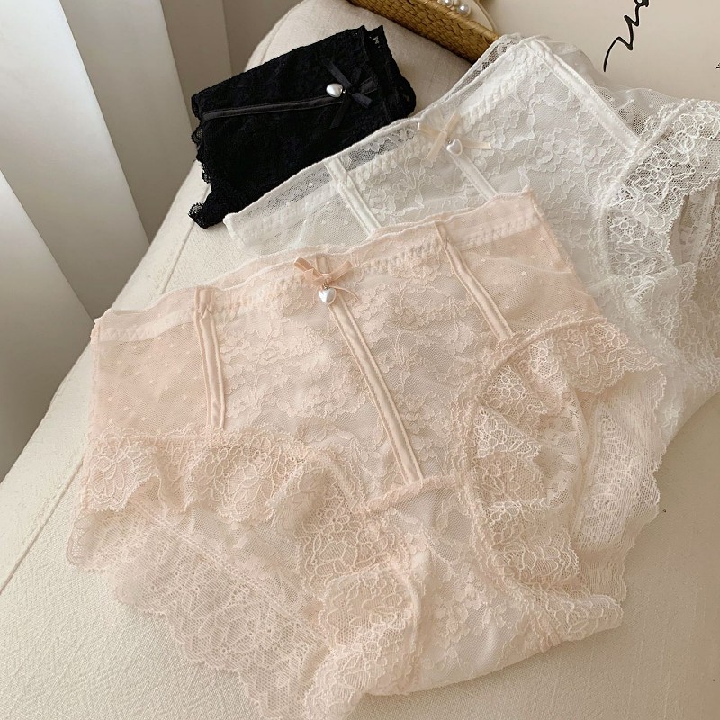 中腰大码纯欲蕾丝内裤女透气甜美镂空性感少女棉档三角内裤透明