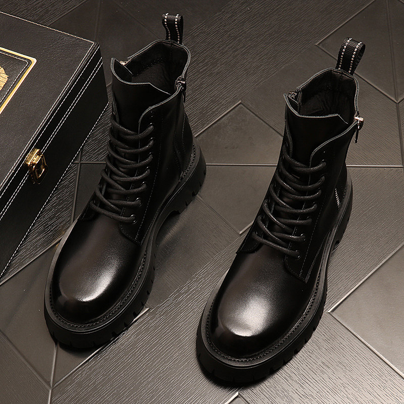 男鞋秋季新款内增高韩式靴子高帮真皮时髦英伦风格男靴中国棉鞋
