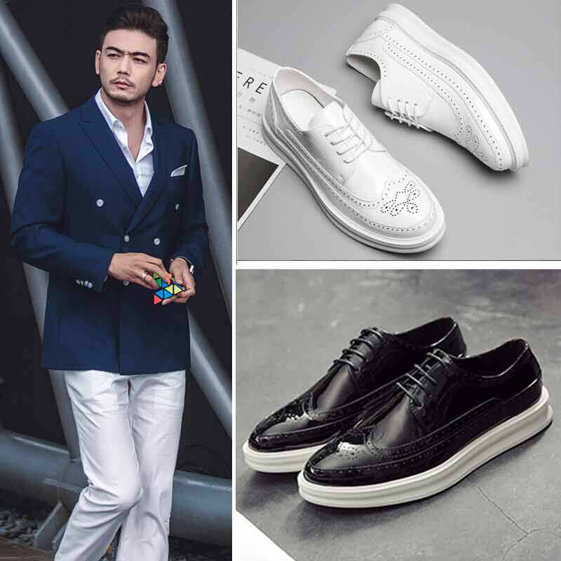 布洛克白色皮鞋男士内增高正装透气英伦商务休闲西装春秋真皮板鞋
