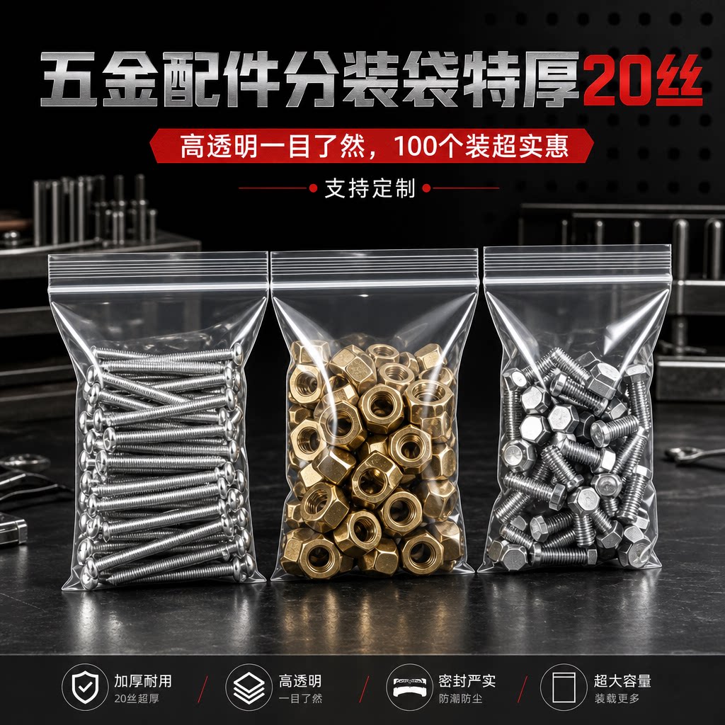 五金专用收纳包装袋透明加厚批发自封口密封钉子螺丝螺母螺帽配件