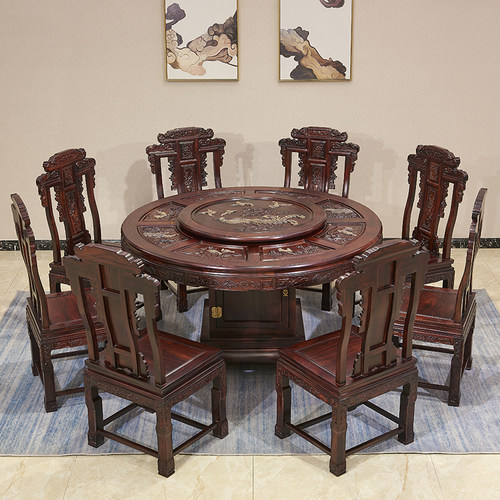 厂家直销红木阔叶黄檀花鸟圆餐桌