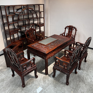 东阳国标红木家具印尼黑酸枝茶桌客厅阔叶黄檀深雕荷花湿泡茶台组