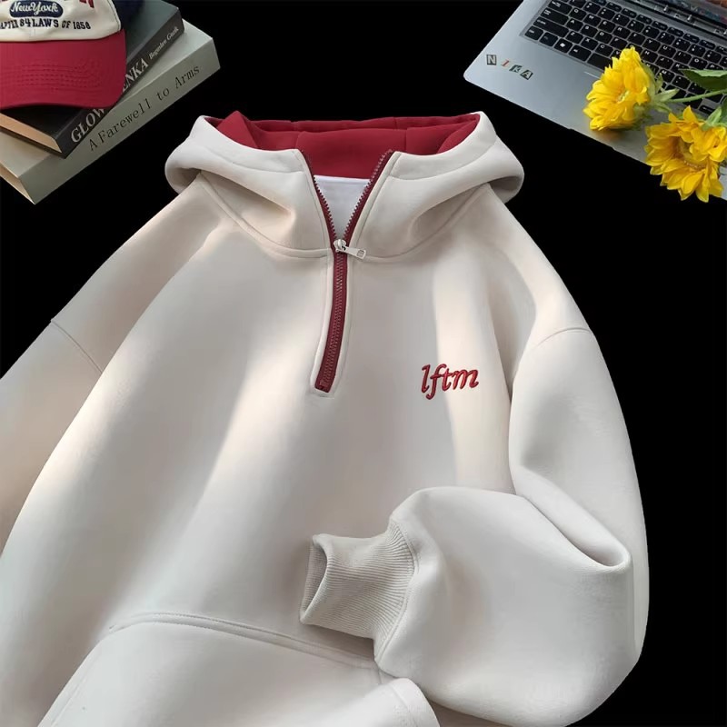 山东即墨半拉链连帽卫衣男孩初中高中学生潮流大童帅气加绒加厚上