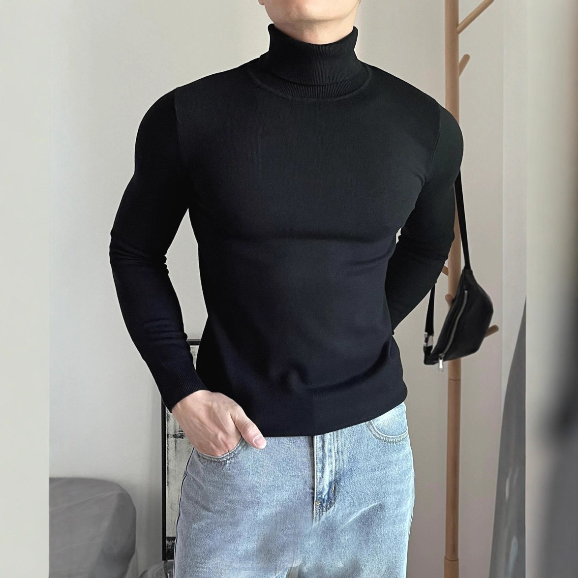 山东即墨美式高领毛衣肌肉男硬汉风紧身弹力长袖针织衫纯色内搭打