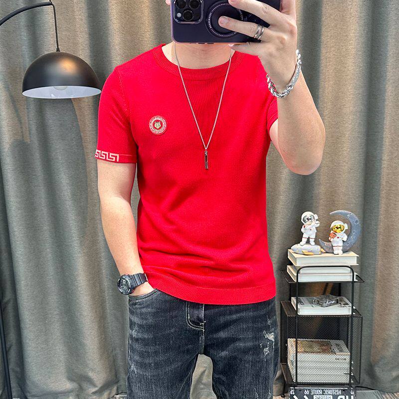 本命年男装秋冬短袖毛衣红色龙年衣服弹力紧身半袖毛线衣打底衫