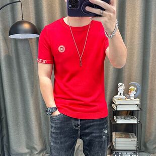 本命年男装秋冬短袖毛衣红色龙年衣服弹力紧身半袖毛线衣打底衫