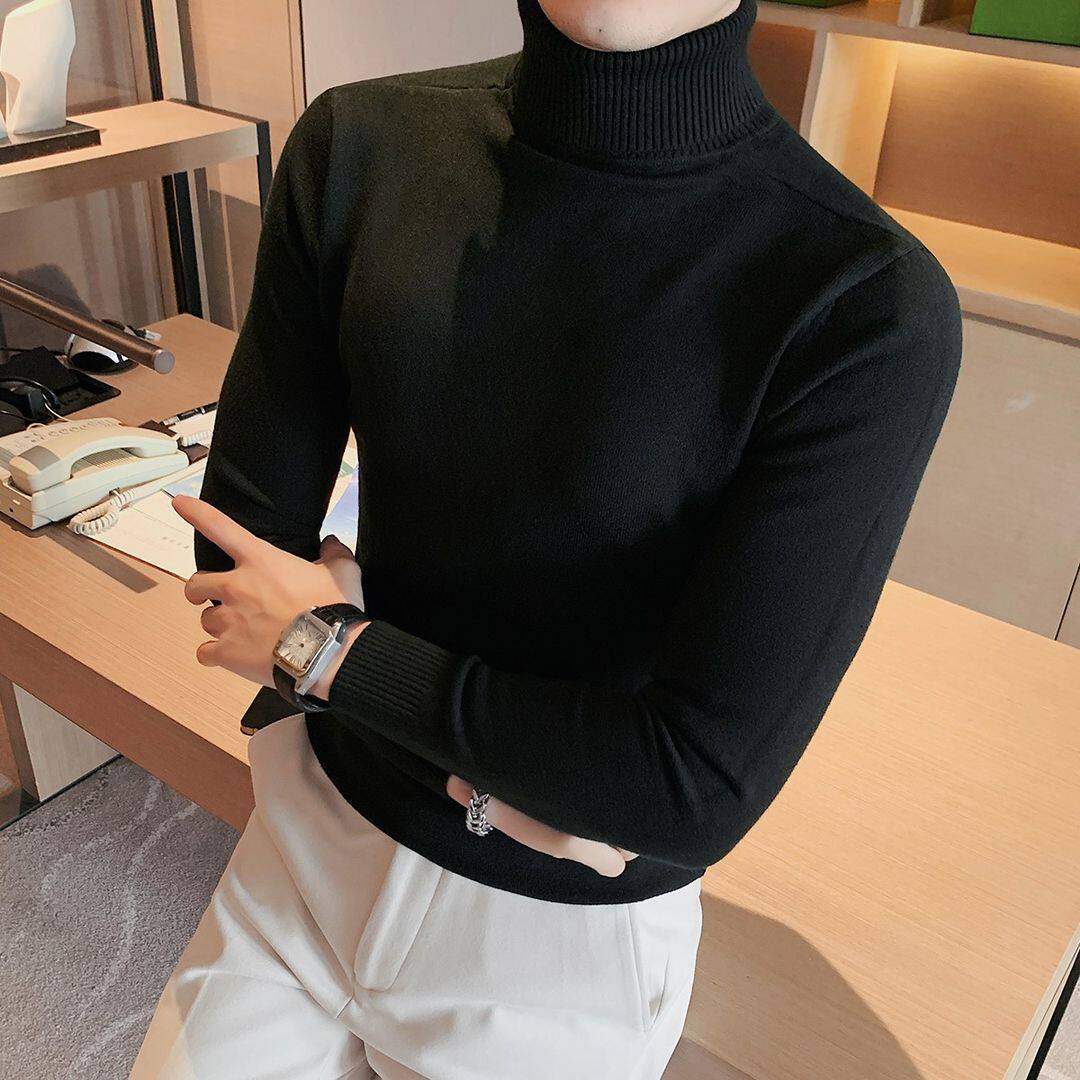 高领毛衣男秋冬季百搭纯色细毛线长袖针织打底衫潮流修身翻领上衣