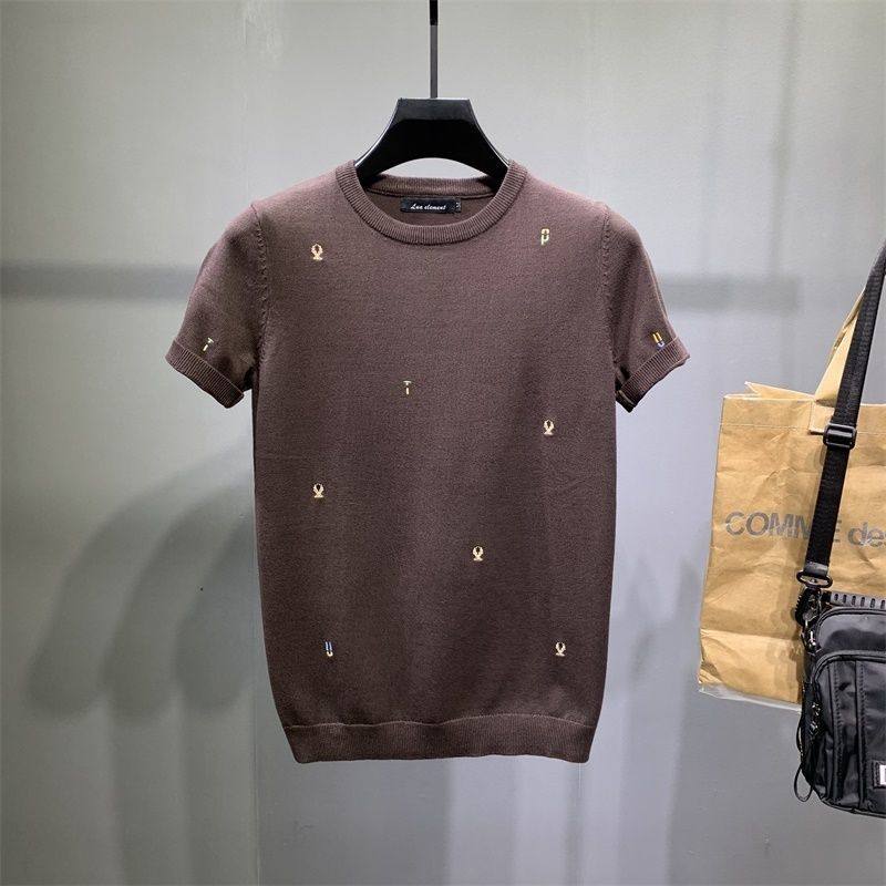 男士绣花潮牌针织衫半袖时尚帅气圆领大码紧身半截袖冬季短袖毛衣