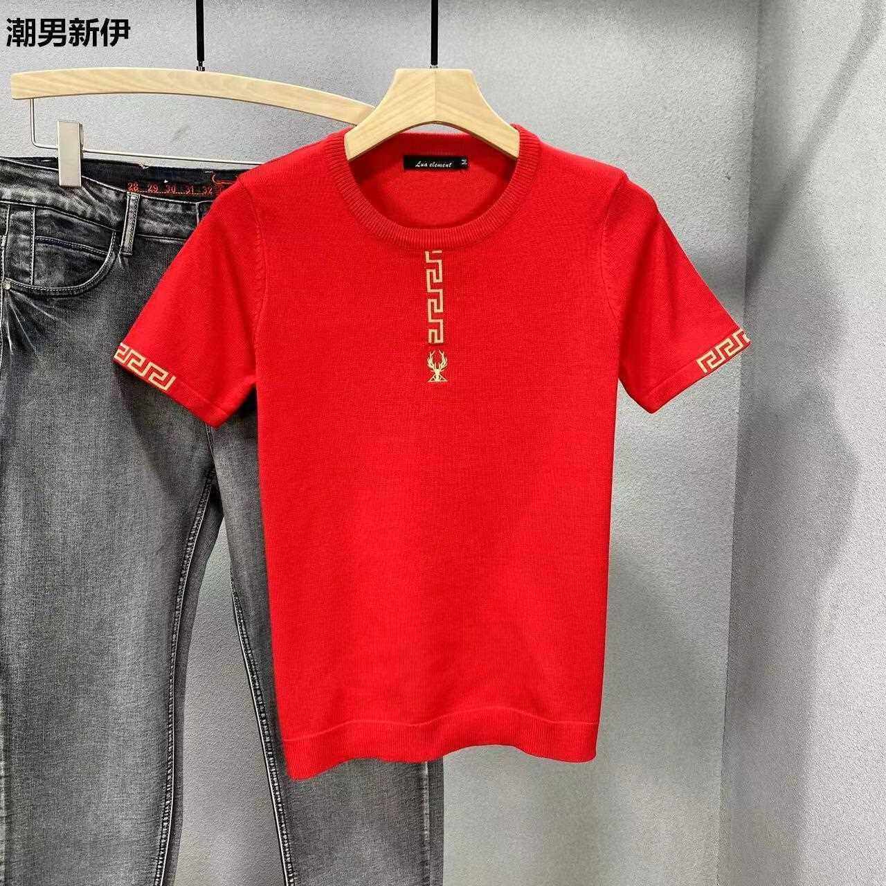 红色本命年半袖毛衣男针织衫短袖鹿头潮流提花刺绣休闲加厚修上衣