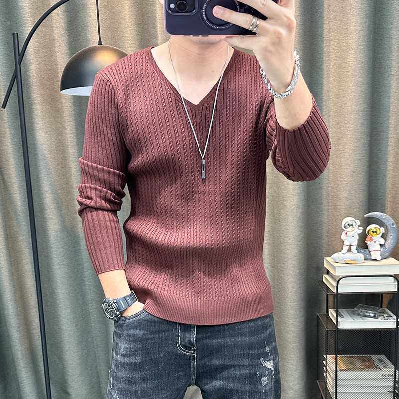 V领长袖毛衣男秋冬新款弹力修身纯色针织衫内搭打底衫毛线衣上衣