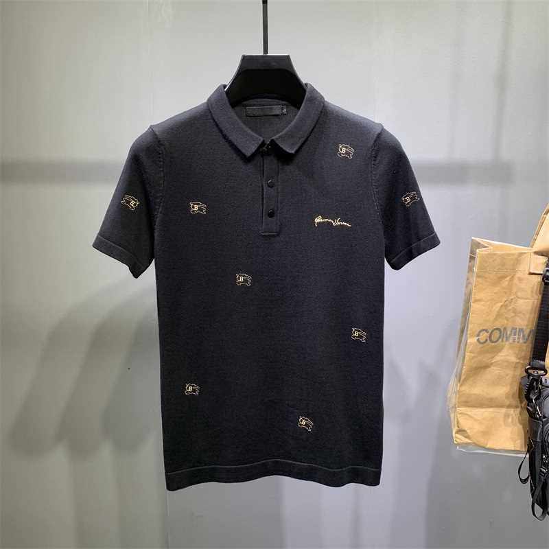 休闲时尚大码轻奢短袖毛衣秋冬男士紧身针织半袖POLO衫加厚半截袖