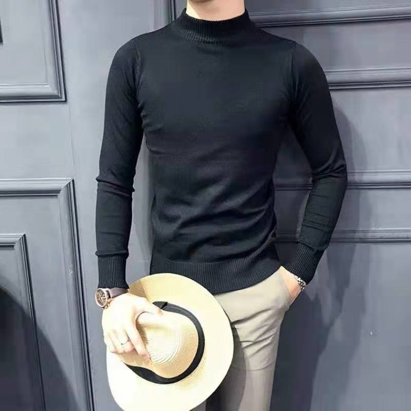 韩版修身春秋季半高领毛衣男士纯色中领长袖针织弹力打底针织衫潮