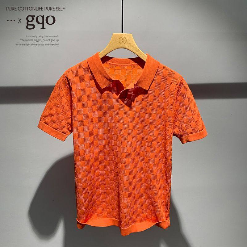 GQO气质华夫格POLO衫男夏季修身V领男士针织短袖T恤薄款透气弹力