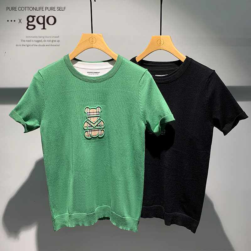 GQ气质欧洲站短袖毛衣男士秋冬新款小熊圆领套头针织衫绿色