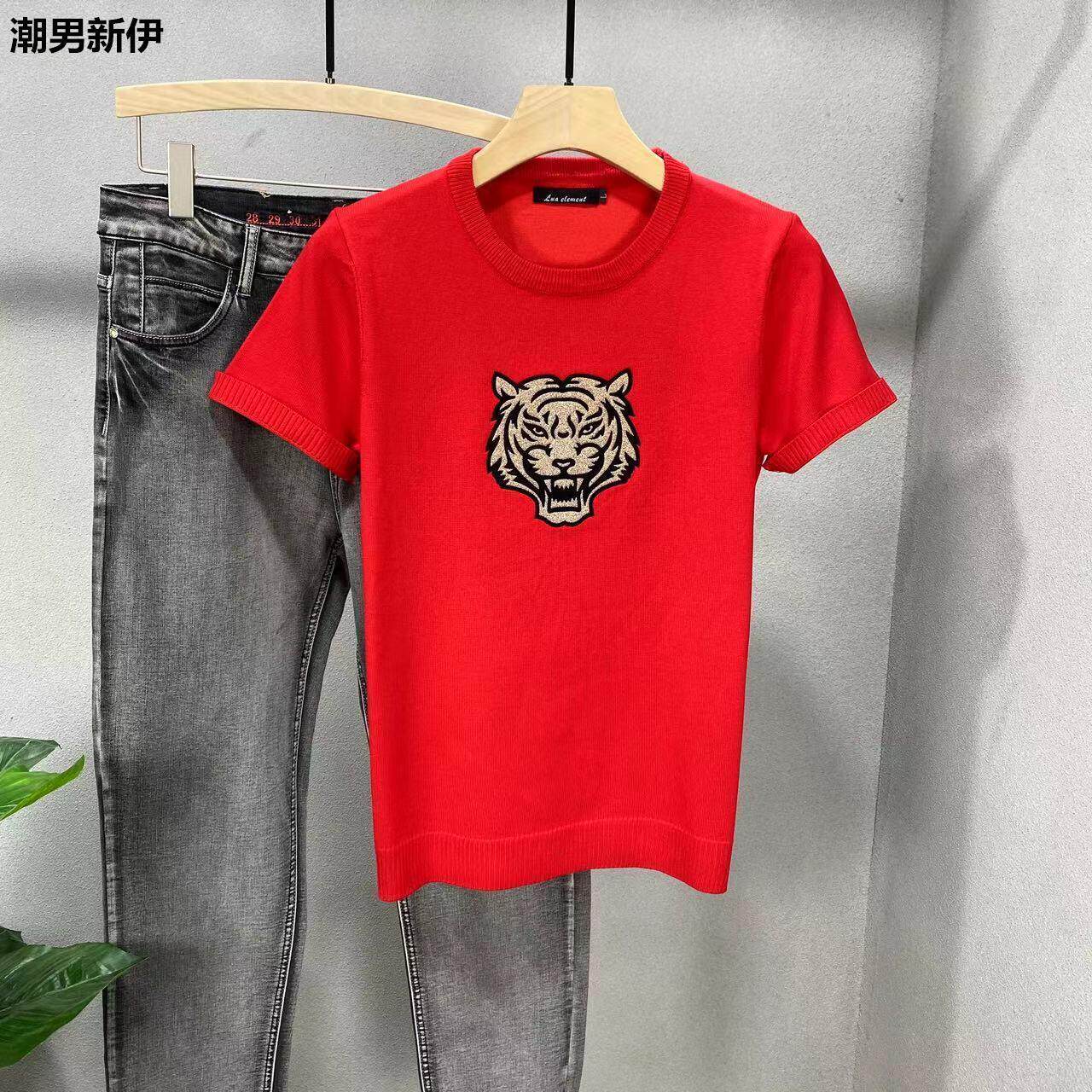 男士秋冬款毛衣虎年本命短袖T恤虎头印花圆领修身针织衫打底衫帅