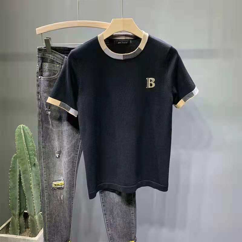 秋冬字母刺绣短袖毛衣男针织T恤衫半袖社会人修身线衣打底衫毛衫