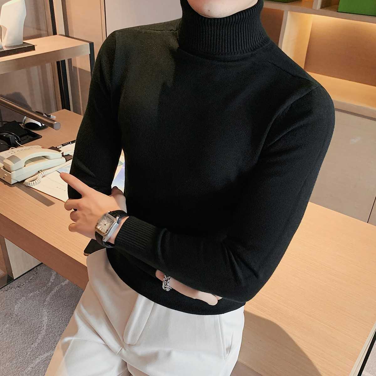 潮男新伊男秋冬季百搭纯色细毛线长袖针织打底衫潮流修身翻领上衣