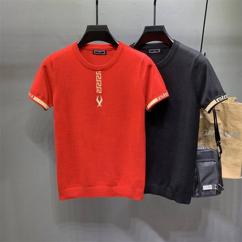 男士红色半袖毛衣秋冬季新款刺绣紧身韩版社会针织衫短袖潮牌毛衫